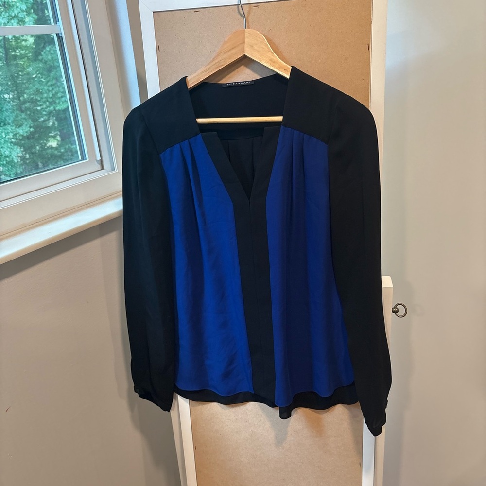 Theory Royal Blue & Black Colorblock V-Neck Blouse Size S